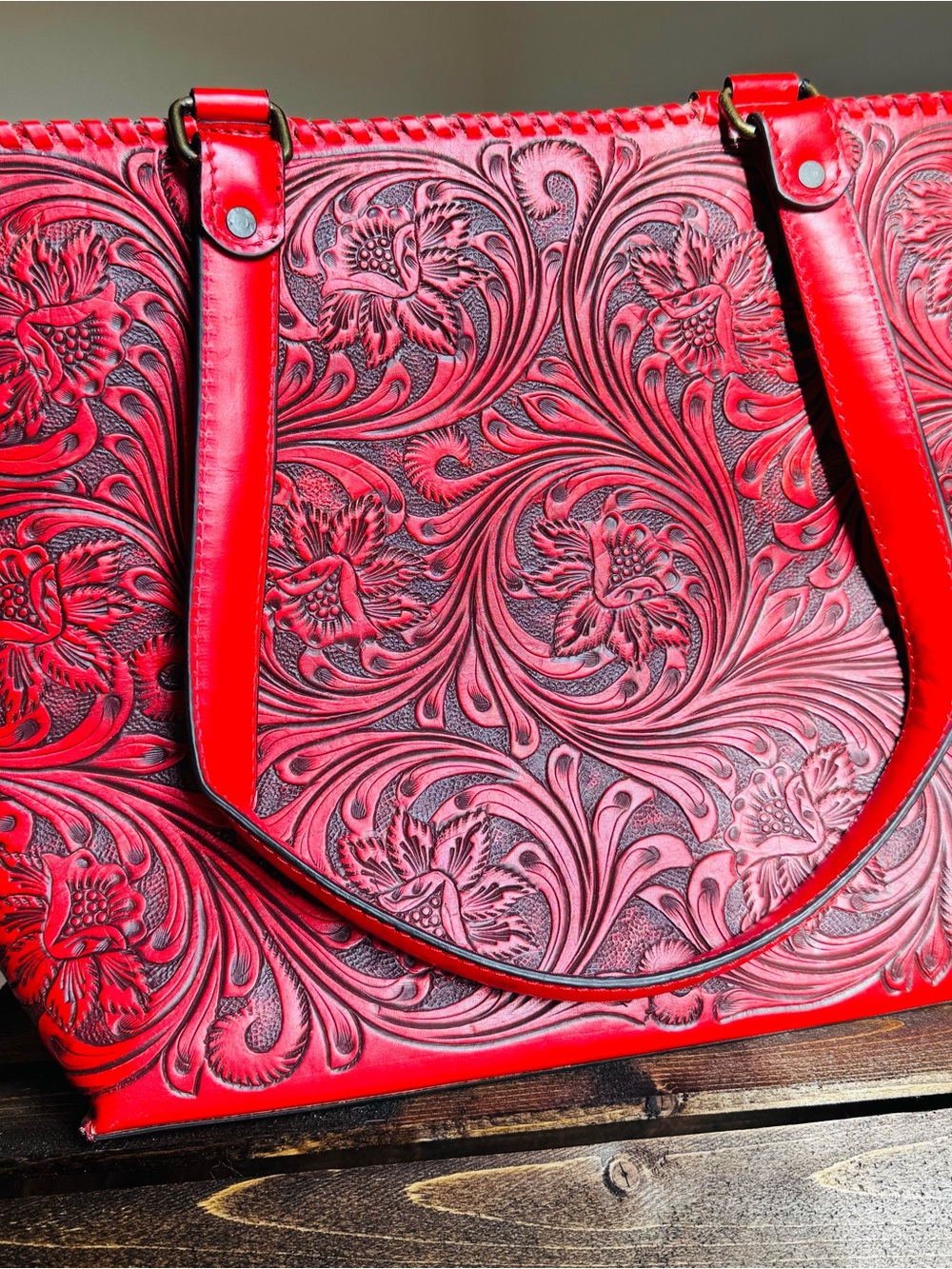 American Darling Embossed Floral Leather Tote - Red
